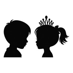 Cute, black silhouette illustration of a young boy and girl princess head profile portrait faces © KEYARANI