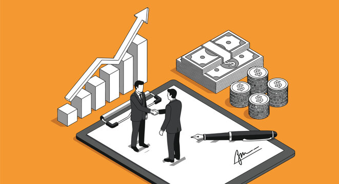 Businessmen shake hands over a signed contract near stacks of coins and a rising bar chart on an orange background showing financial success.