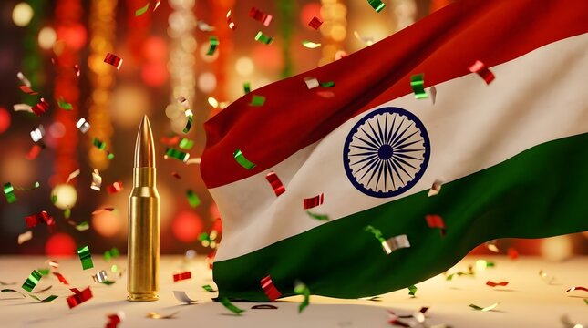 Indian flag with bullets and confetti celebration