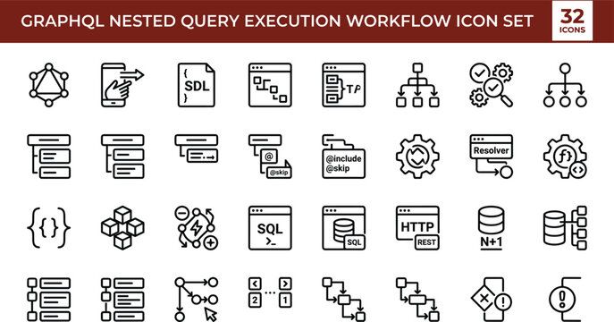 GraphQL Nested Query Execution Workflow Icon Set with API Resolver Data Processing and System Architecture Symbols