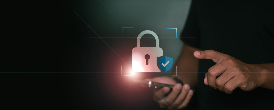 Cyber security concept showing secure mobile payment and digital banking system with glowing lock icon over smartphone representing financial data protection and fintech technology.