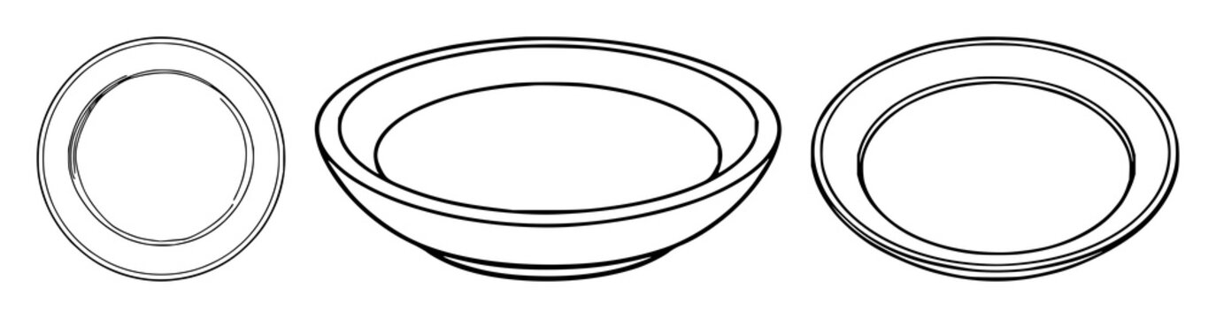 Ceramic plate set with simple black line art on white background featuring ceramic plate, line art, minimalist design with ceramics and illustration