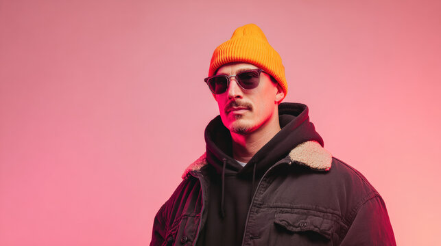 Man studio portrait sunglasses beanie black jacket confident male warm winter fashion posing against pink background with soft