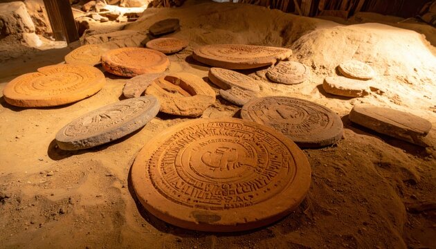 Ancient cuneiform clay tablets with intricate inscriptions displayed in a historical archaeological setting, showcasing early writing systems and cultural heritage