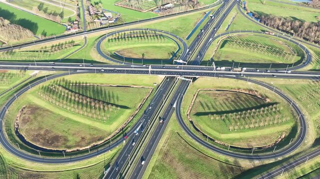 Highway cloverleaf junction with transport infrastructure in Europe