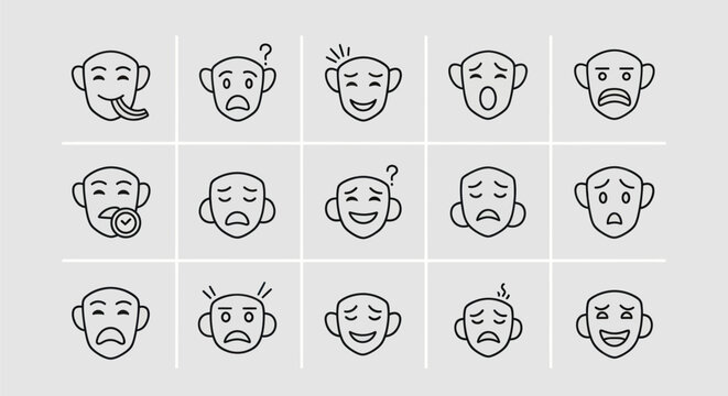 Emoticon line icons diverse expressions