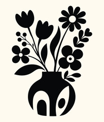 Minimalist Folk Art Floral Bouquet Silhouette, Retro Flower Arrangement in Abstract Ceramic Vase, Scandinavian Style Blooming Tulips and Daisies Graphic Vector Print Element © Idee khan