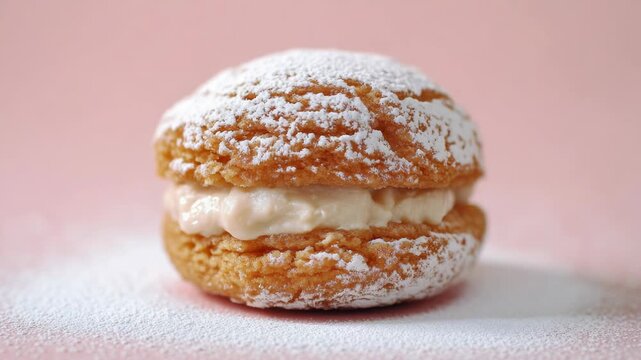 A delicious cream puff with sweet filling sits on a pink background. Powdered sugar gently falls, enhancing this delightful dessert.