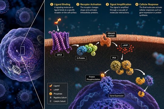 Detailed diagram of cellular signaling showing an extracellular ligand binding to a membrane receptor, activating intracellular cascades leading to gene expression in the nucleus