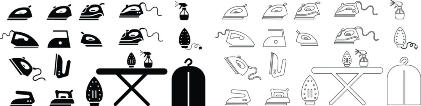 Iron and ironing equipment icon set collection, household appliance vector pack with steam iron spray bottle ironing board and garment care symbols in solid outline styles