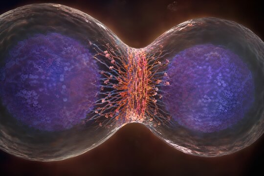 Detailed 3d illustration of the contractile ring composed of actin and myosin ii filaments forming the cleavage furrow, representing cytokinesis and cell division