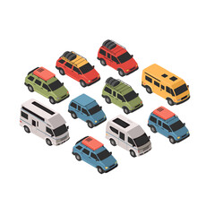 Fototapeta premium Collection of isometric cars, including vans and SUVs, parked closely together.