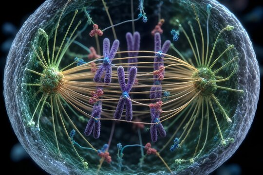 Detailed illustration of cell mitosis showing condensed chromosomes aligned at the metaphase plate with visible spindle fibers (microtubules) attached to kinetochores, representing cell division
