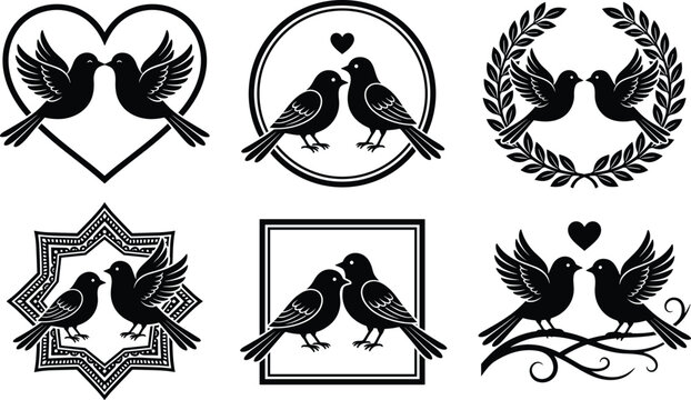Love Bird Frame Collection with Romantic Dove Couples, Heart Symbols and Wedding Emblem Vector Illustration Set