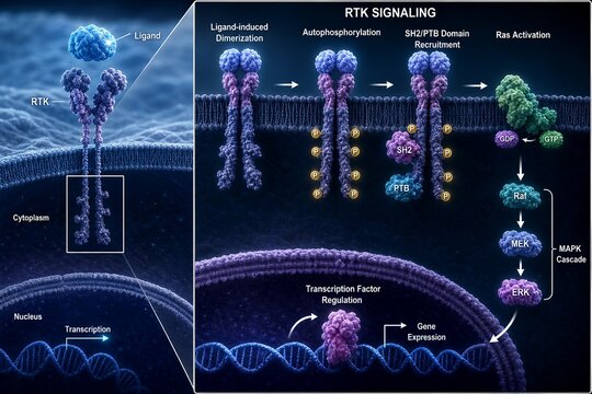 Detailed illustration of receptor tyrosine kinase (rtk) signaling showing ligand-induced receptor dimerization, autophosphorylation, and downstream map kinase cascade leading to gene expression
