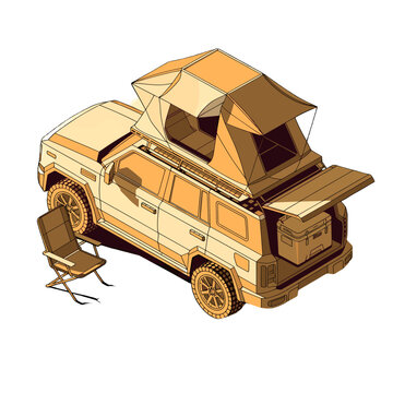 An adventurous off-road vehicle equipped with a rooftop tent and camping gear, ready for an outdoor expedition.