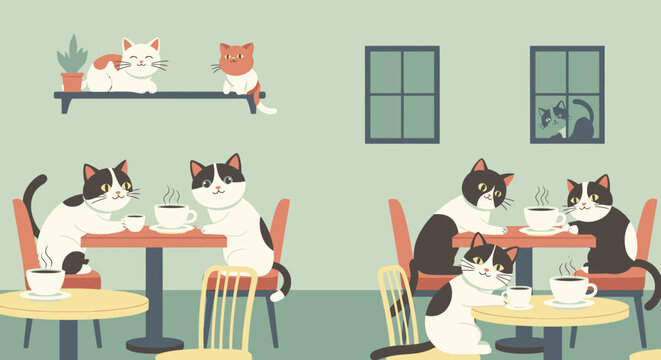 Cats sitting at restaurant tables eating.