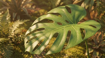 Fototapeta premium Vibrant monstera deliciosa leaf glows in warm morning sunlight within a lush tropical garden.