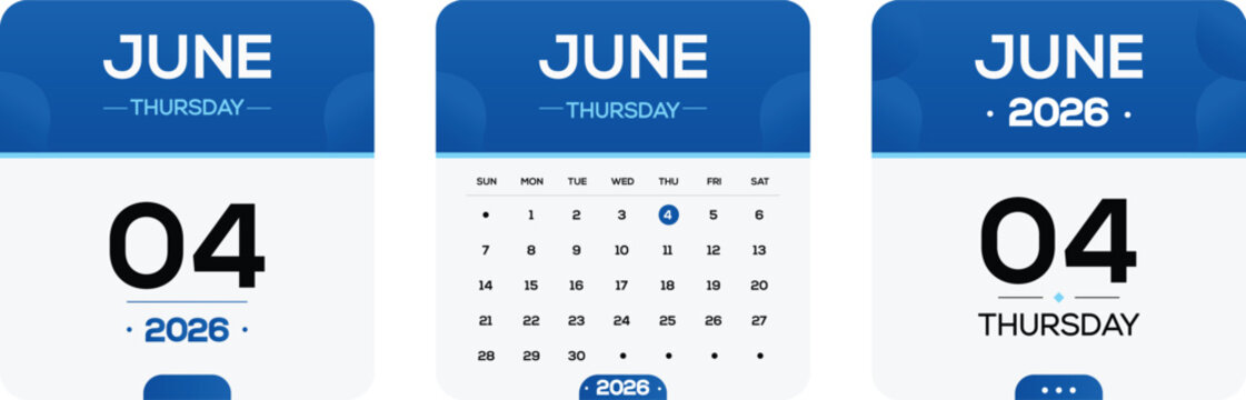 June 4 2026 Thursday calendar date design, blue modern monthly planner template, printable appointment reminder, event schedule graphic, minimalist digital calendar page for social media post wallpape