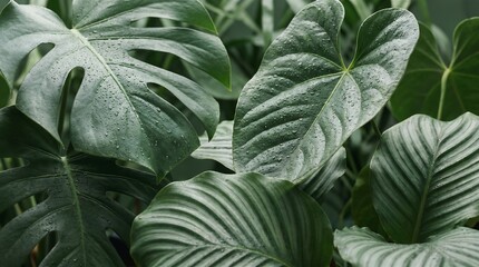 Fototapeta premium Lush green tropical plants with morning dew droplets for biophilic interior design concepts.