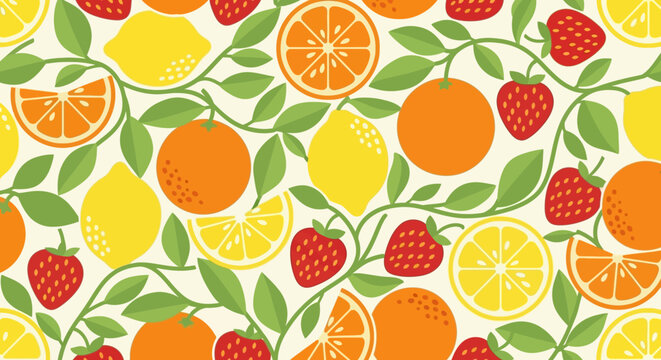 Colorful illustration of various fruits together.