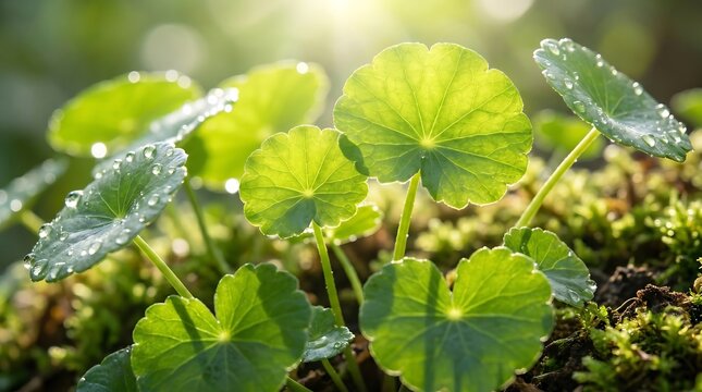 Fresh green pennywort leaves with water droplets shine in the morning light for natural wellness.
