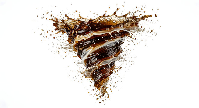 Dynamic coffee and milk liquid splash in the shape of a swirling tornado isolated on a white background