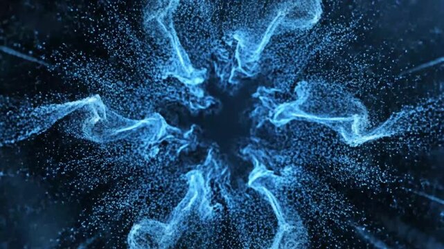 Abstract blue swirling particles forming a dynamic, ethereal nebula effect, creating a sense of cosmic wonder and energy