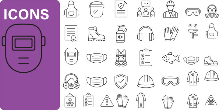 Personal Protective Equipment and Industrial Safety Icon Set - Work Health, Safety Gear, and PPE Line Art Vector.