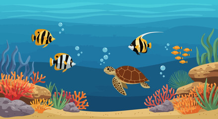 Turtle and fish swimming together underwater. © Fauzi