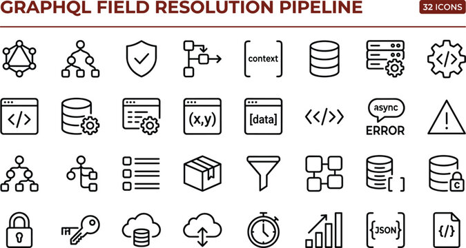 GraphQL Field Resolution Pipeline Icon Set with Data Processing Workflow and API Network Architecture Symbols