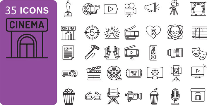 Cinema and Film Production Icon Set - Movie Theater, Cinematography, and Entertainment Industry Line Art Vector.