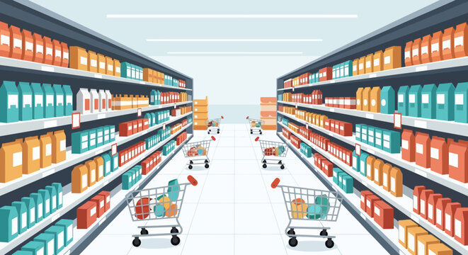 Shopping carts in a supermarket aisle.
