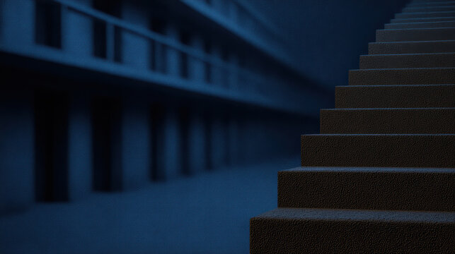 Modern concrete stairway ascending into moody blue light, minimalist architectural corridor with textured steps and deep perspective