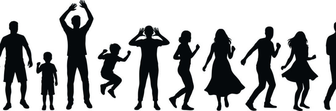 Black, silhouette, collection, of, playing, children, jumping, boys, running, girls, school, friends, and, kids, throwing, ball, under, tree, vector, panels.