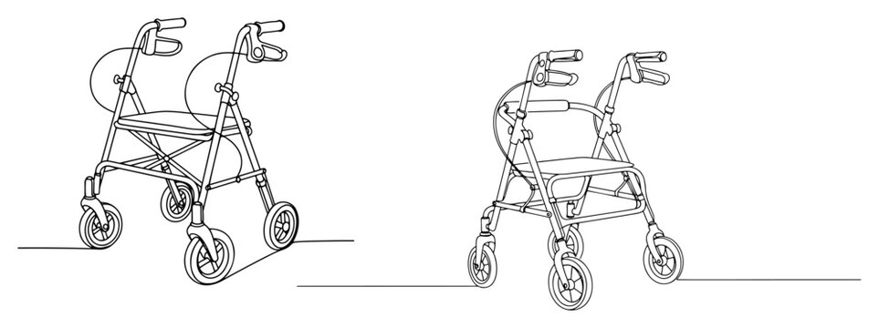 Medical mobility walkers for elderly people in continuous line art style