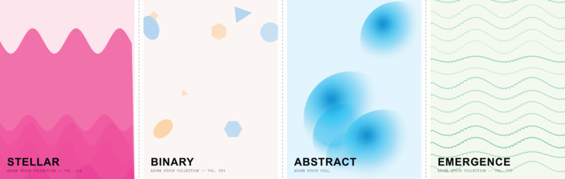 Minimalist abstract poster collection, set of 4 modern vector backgrounds, geometric stellar and binary designs, emergence wave patterns