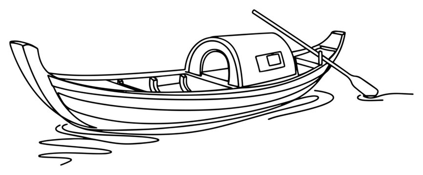 Traditional wooden rowing boat with oar floating on water in continuous line art style