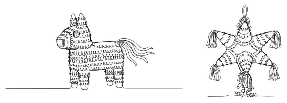 Mexican pinata donkey and star shaped party decorations in minimalist continuous line art style