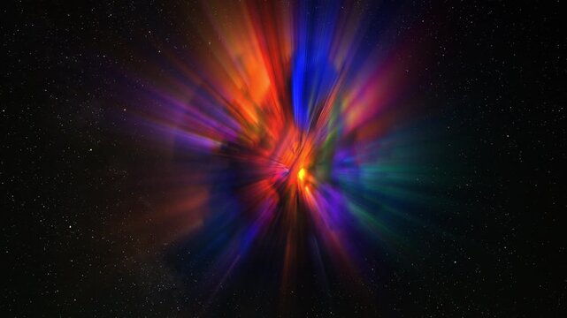 Abstract multicolor glow sphere with rays, science background. Bizzard planet structure in space, 4k