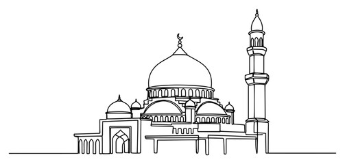 Islamic mosque architecture with dome and minaret in continuous line art style © Cristiano