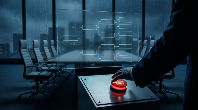 Business Executive Pressing Emergency Button for Corporate Crisis Management