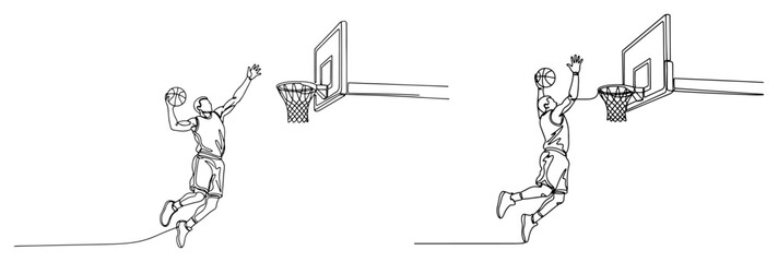 Basketball players jumping for slam dunk during game in continuous line art style © Cristiano