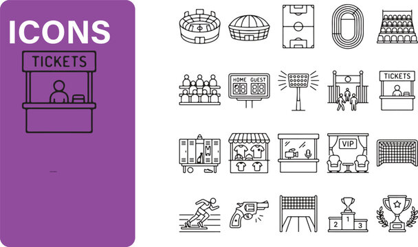 Sports Tournament and Stadium Icon Set - Championship Event, Arena Facilities, and Competition Line Art Vector.