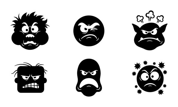 Six Black Silhouette Monster Faces, Angry Emoticons, Grumpy Expressions, Vector Icons for Digital Design and Communication