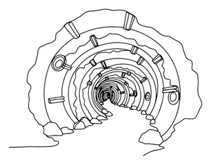 Fototapeta premium Underground tunnel or industrial mine shaft corridor in minimalist continuous line style