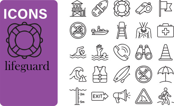 Lifeguard and Water Safety Icon Set - Beach Rescue, Emergency Equipment, and Swimming Protection Line Art Vector.emergency, swimming, pool safety, lifebuoy, life ring, lifeguard tower, rescue boat etc