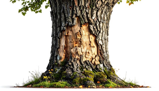 Close up of a weathered tree trunk with textured bark and partial damage
