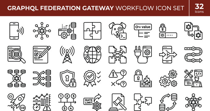 GraphQL Federation Gateway Workflow Icon Set with API Network Integration and Distributed Architecture System Symbols