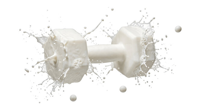 Dynamic splash of fresh white milk forming the shape of a fitness dumbbell isolated on a white background